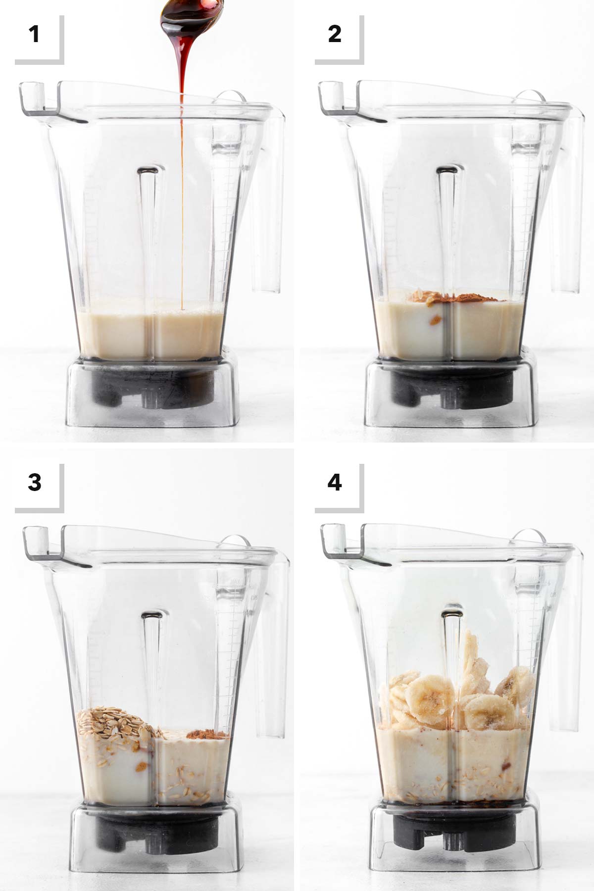 Steps for making a peanut butter oatmeal smoothie.