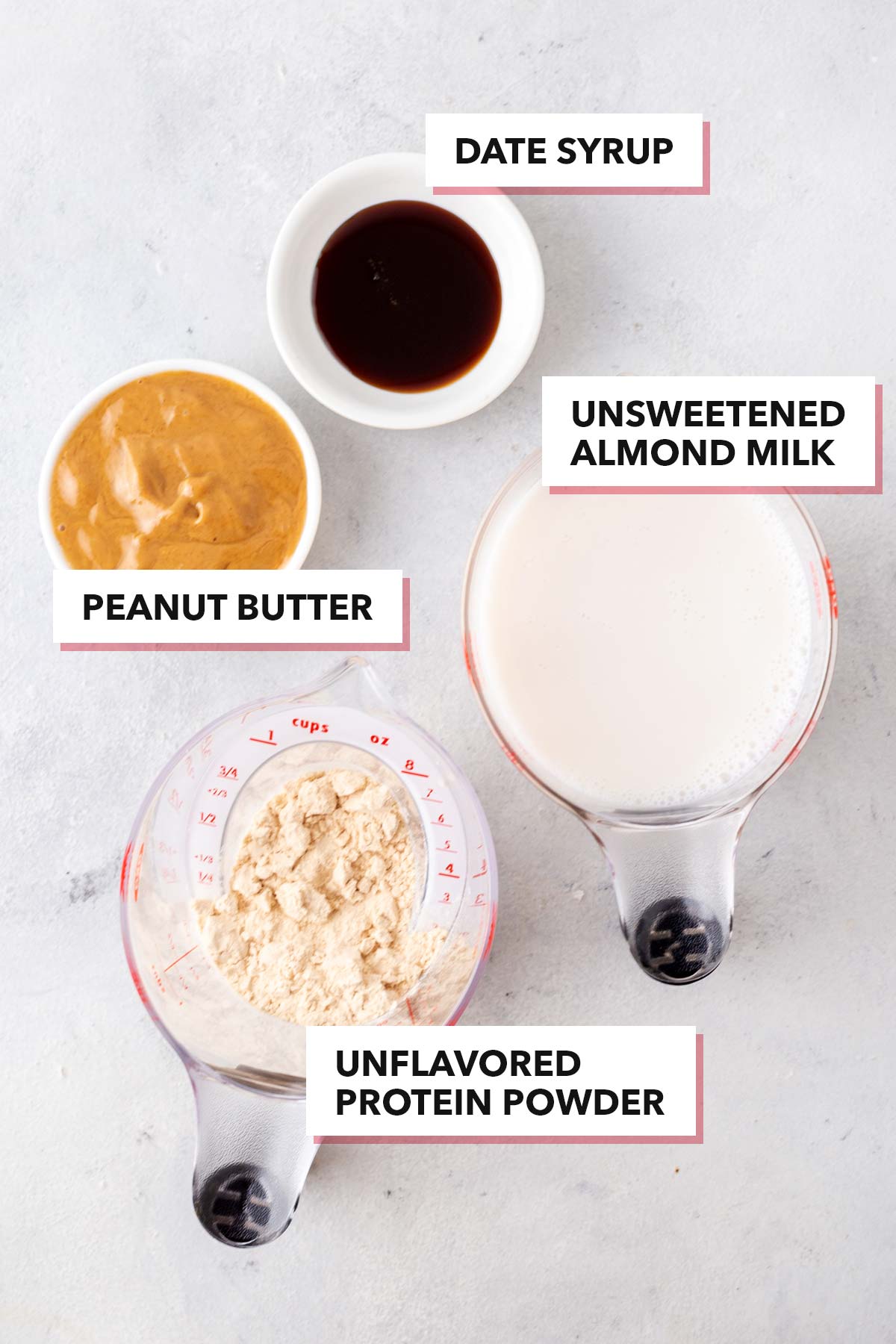 Peanut butter protein shake ingredients, labeled.
