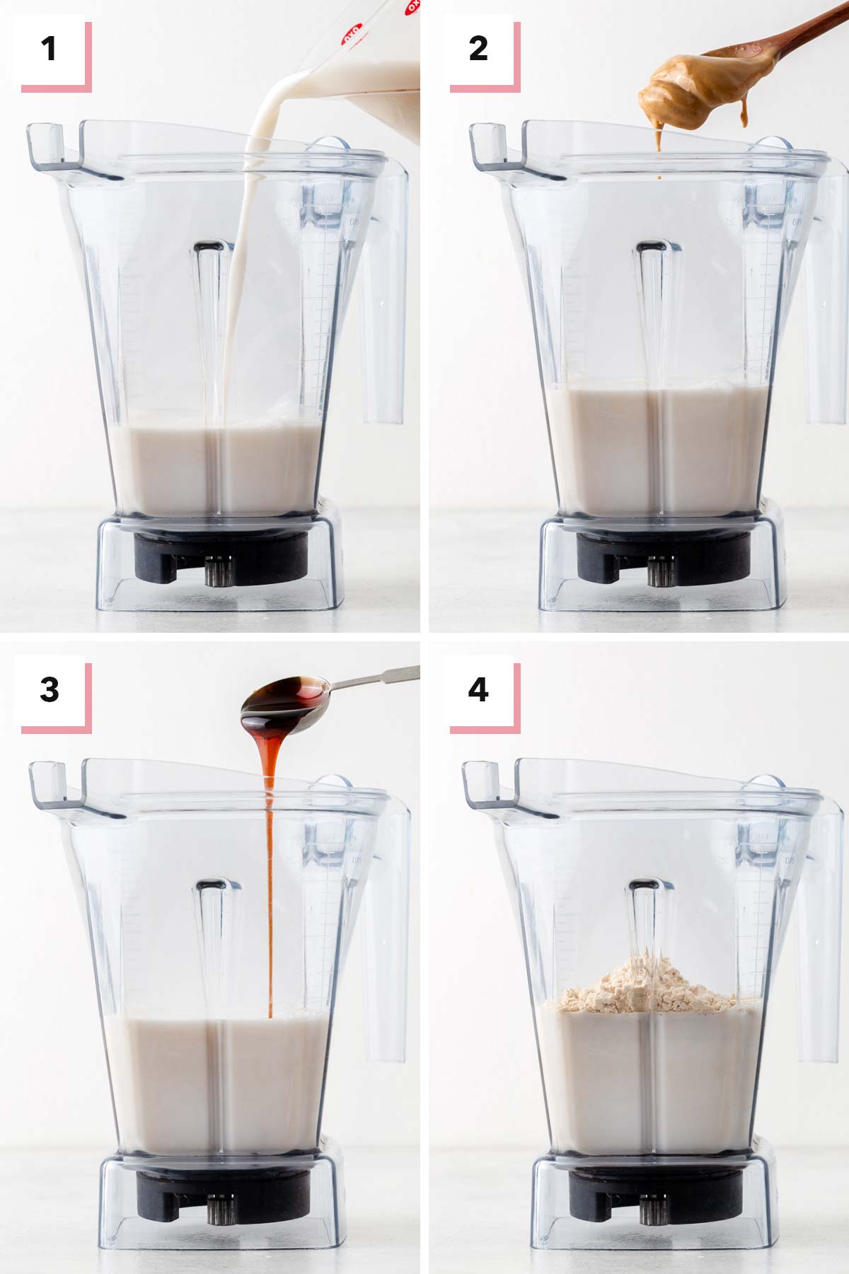 Steps for making a peanut butter protein shake.