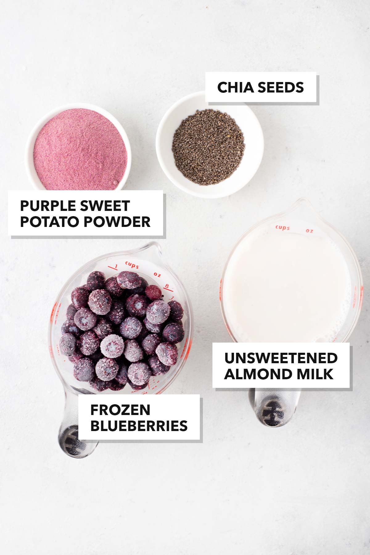 Ingredients for a purple sweet potato smoothie bowl.