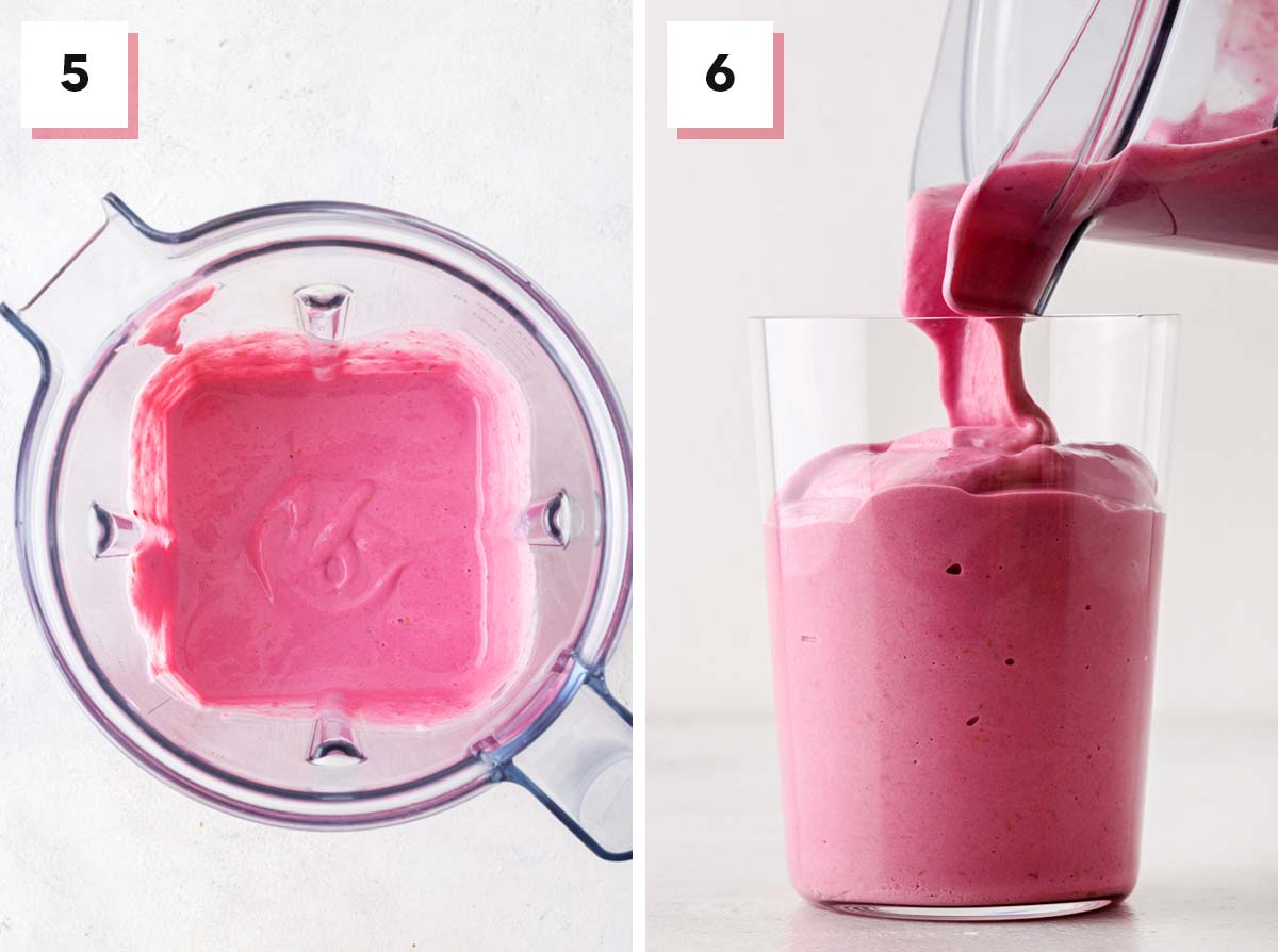 Final steps for a raspberry yogurt smoothie.