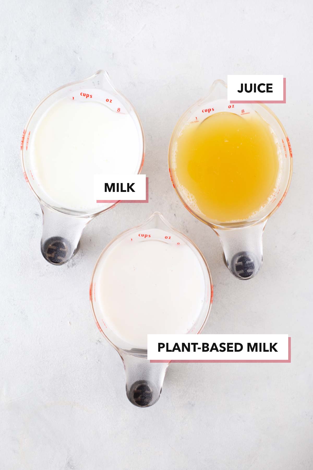 Milk, plant-based milk, and juice, labeled, in measuring cups on a table.
