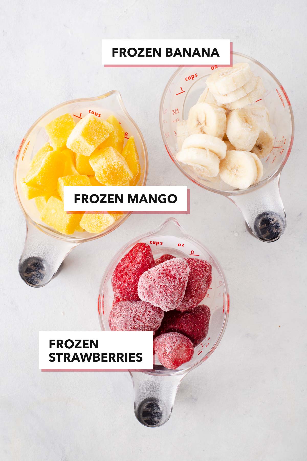 Frozen fruits for a basic smoothie recipe.