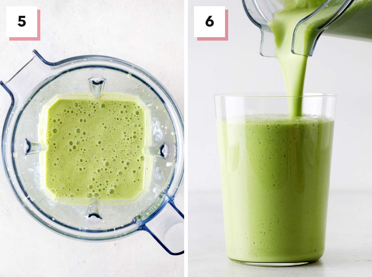 Final steps to make a spinach smoothie.
