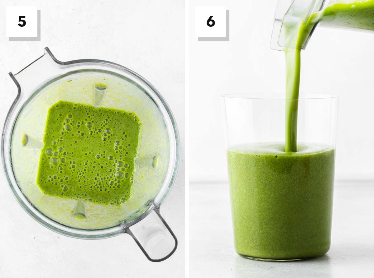 Final steps for making a spinach smoothie.