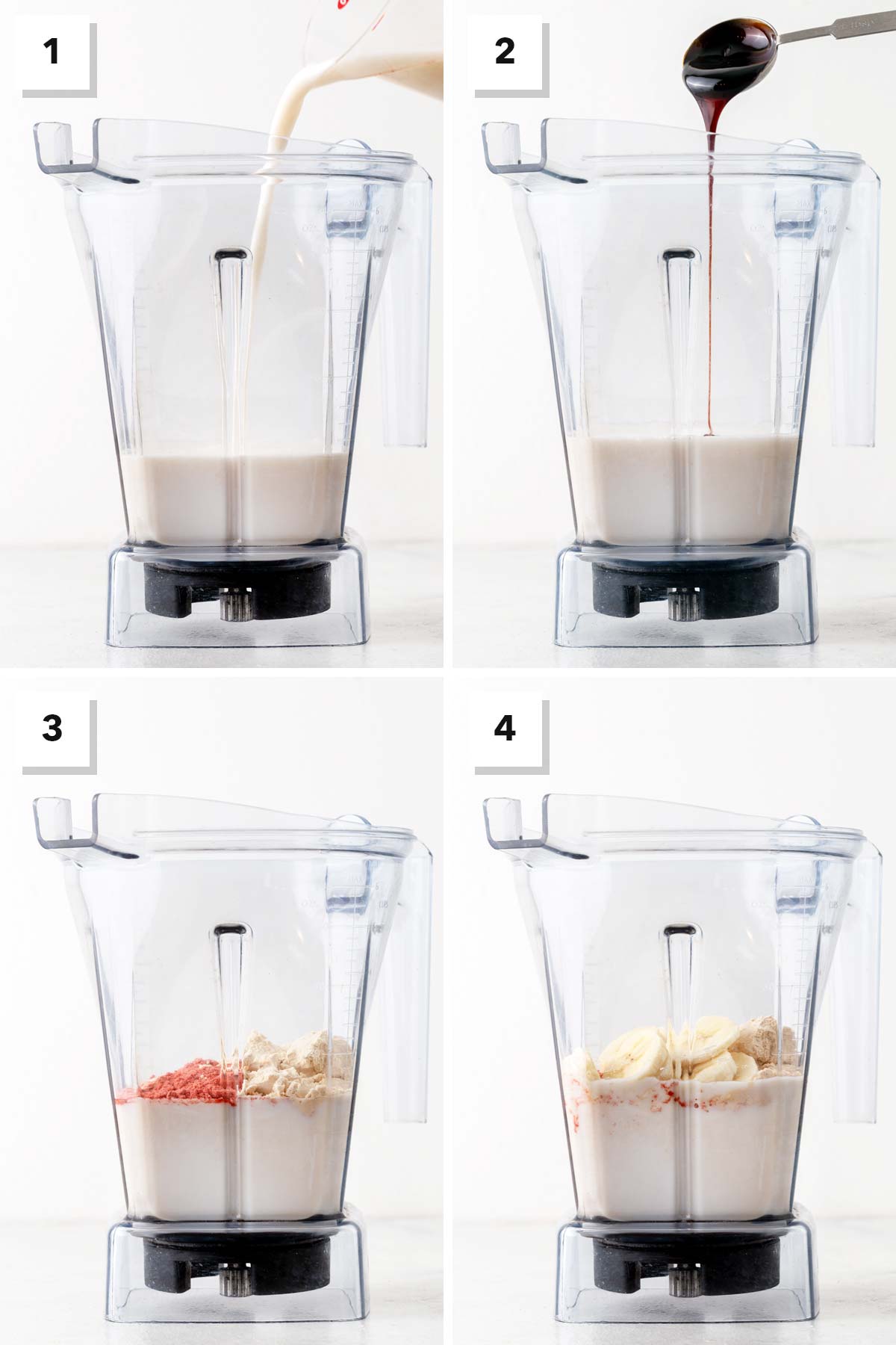 Steps for making a strawberry banana protein shake.