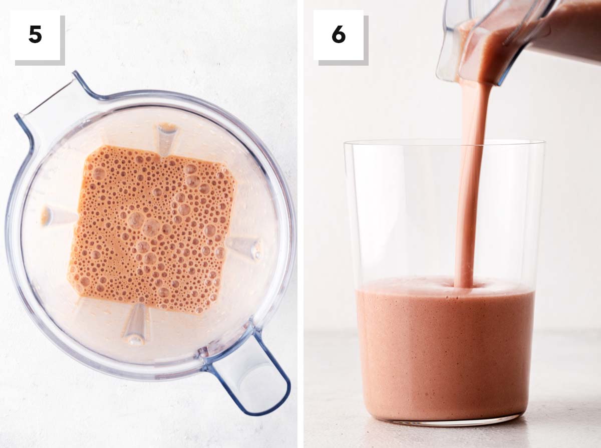 Final steps for making a strawberry banana protein shake.