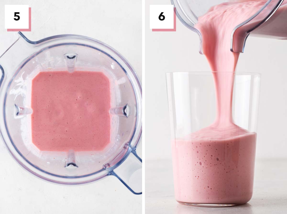 Final steps to make a strawberry banana smoothie.