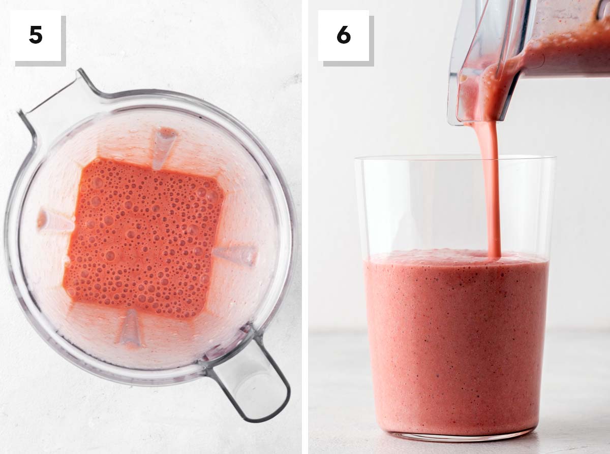 Steps to make a Strawberry Banana Smoothie in a blender.