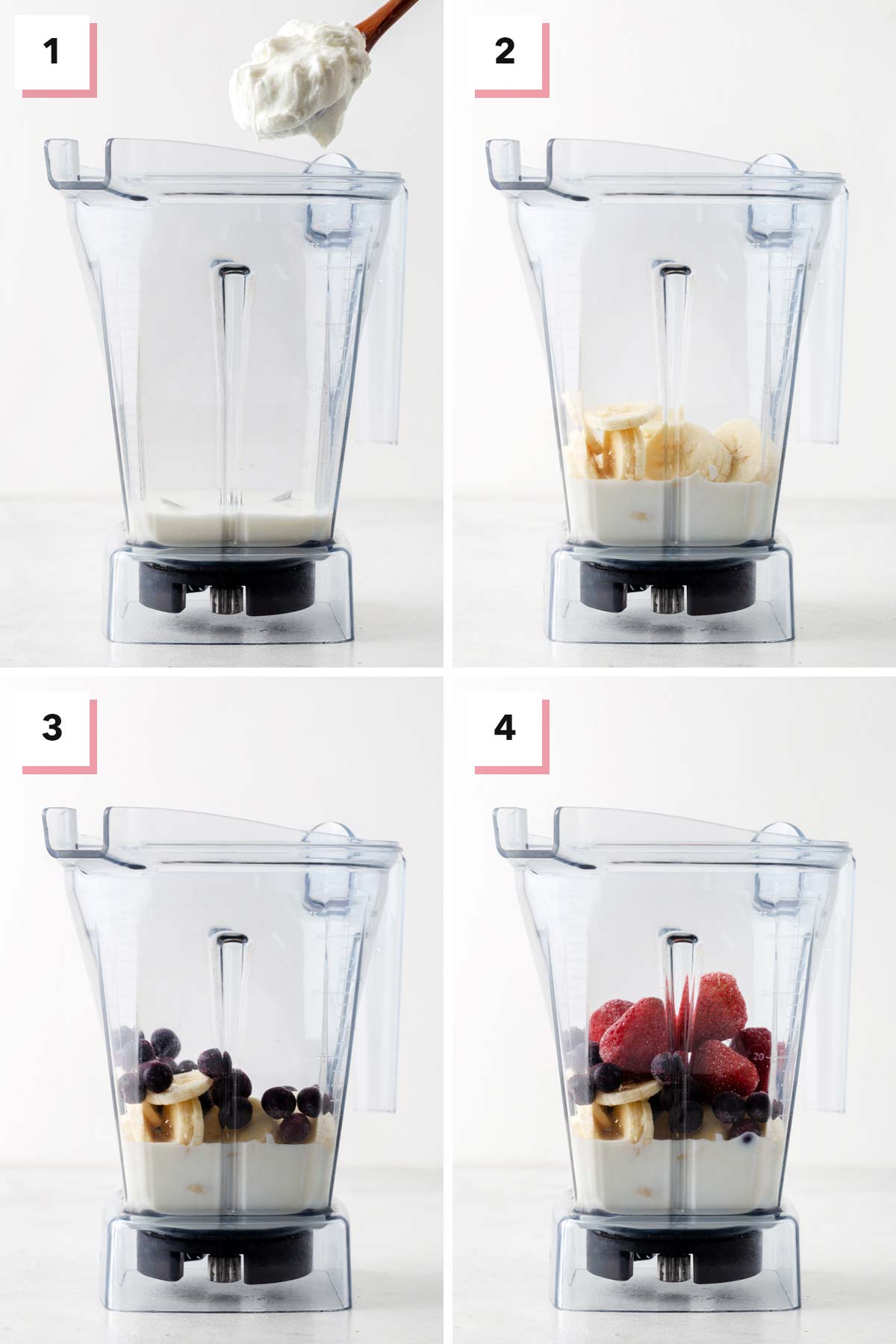 Steps for making a strawberry blueberry smoothie.