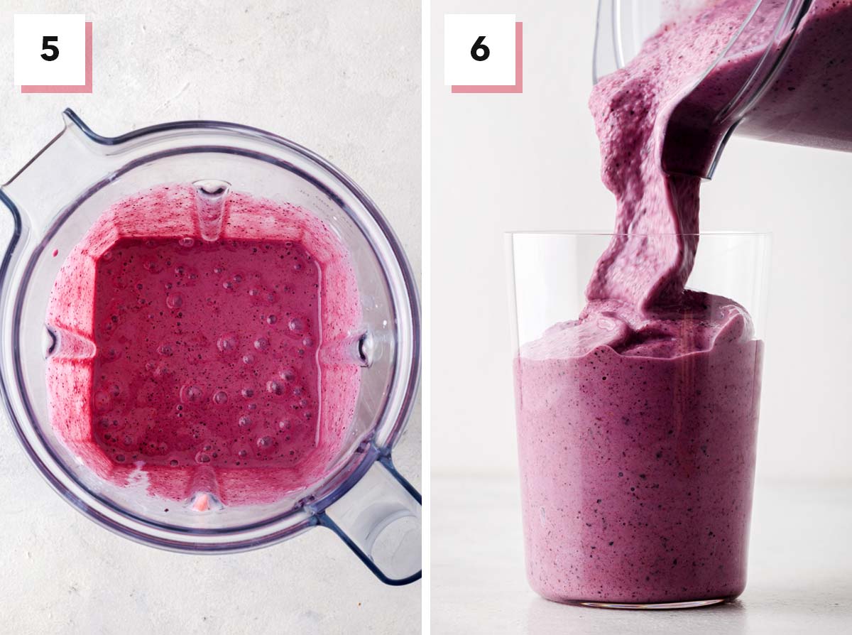 Final steps for making a strawberry blueberry smoothie.