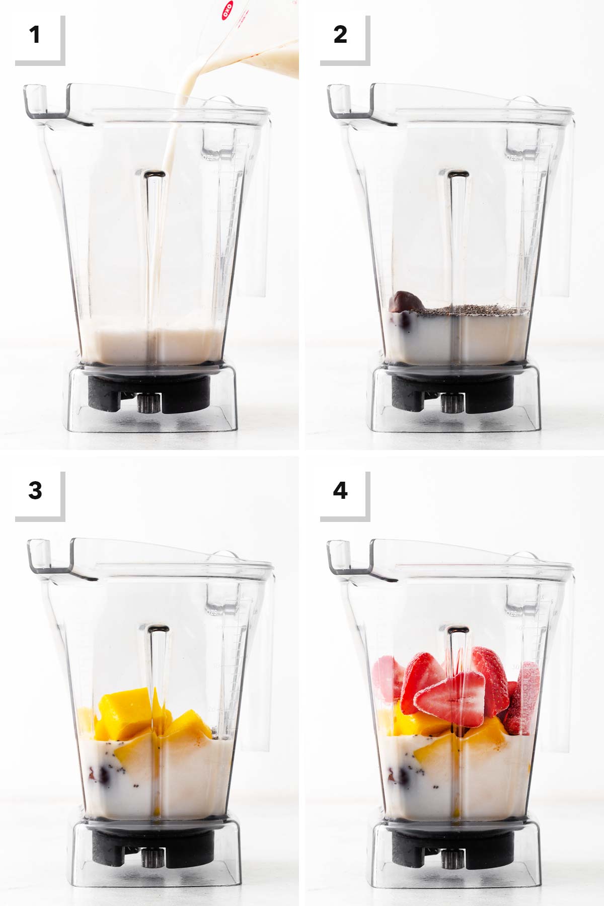 Steps for making a strawberry mango smoothie.