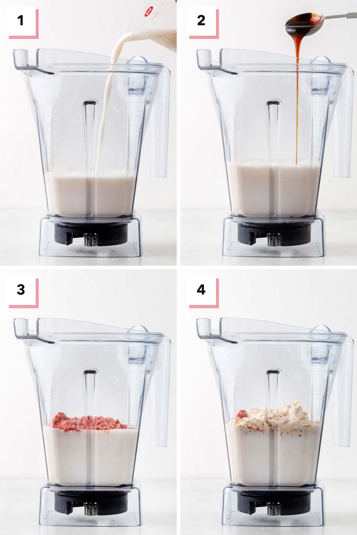 Steps for making a strawberry protein shake.