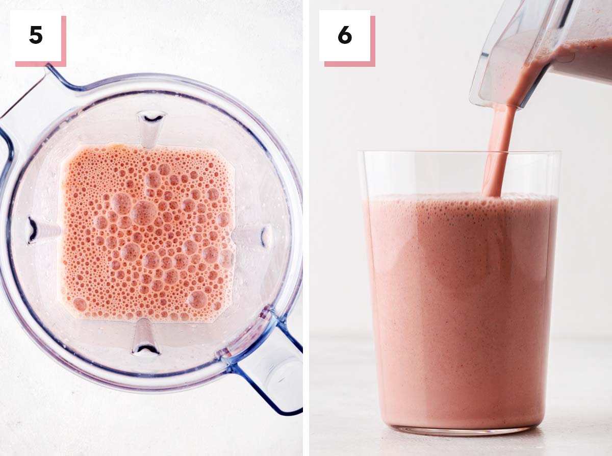 Final steps for making a strawberry protein shake.