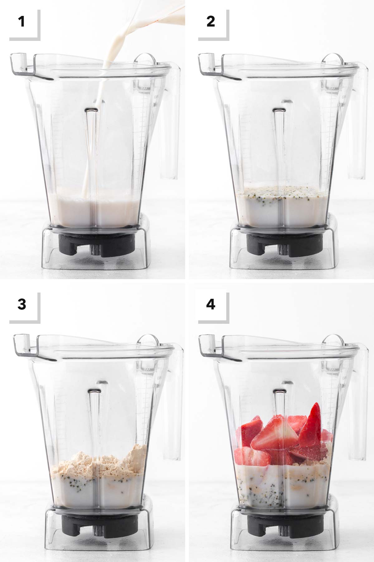 Steps for making a strawberry protein smoothie.