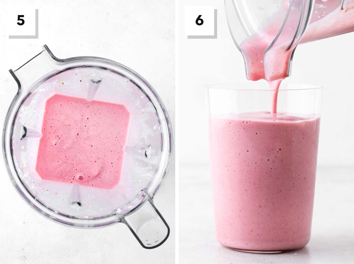 Final steps for making a strawberry protein smoothie.