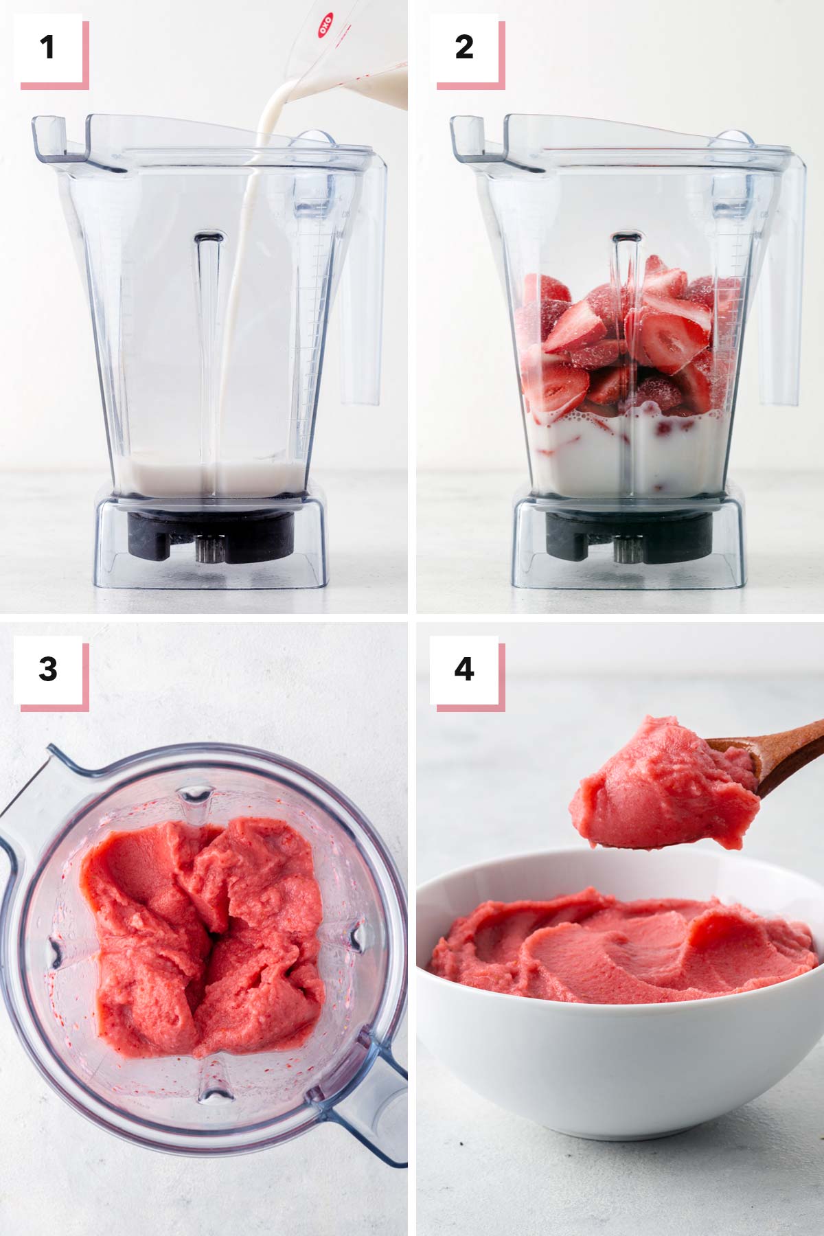 Steps for making a strawberry smoothie bowl.