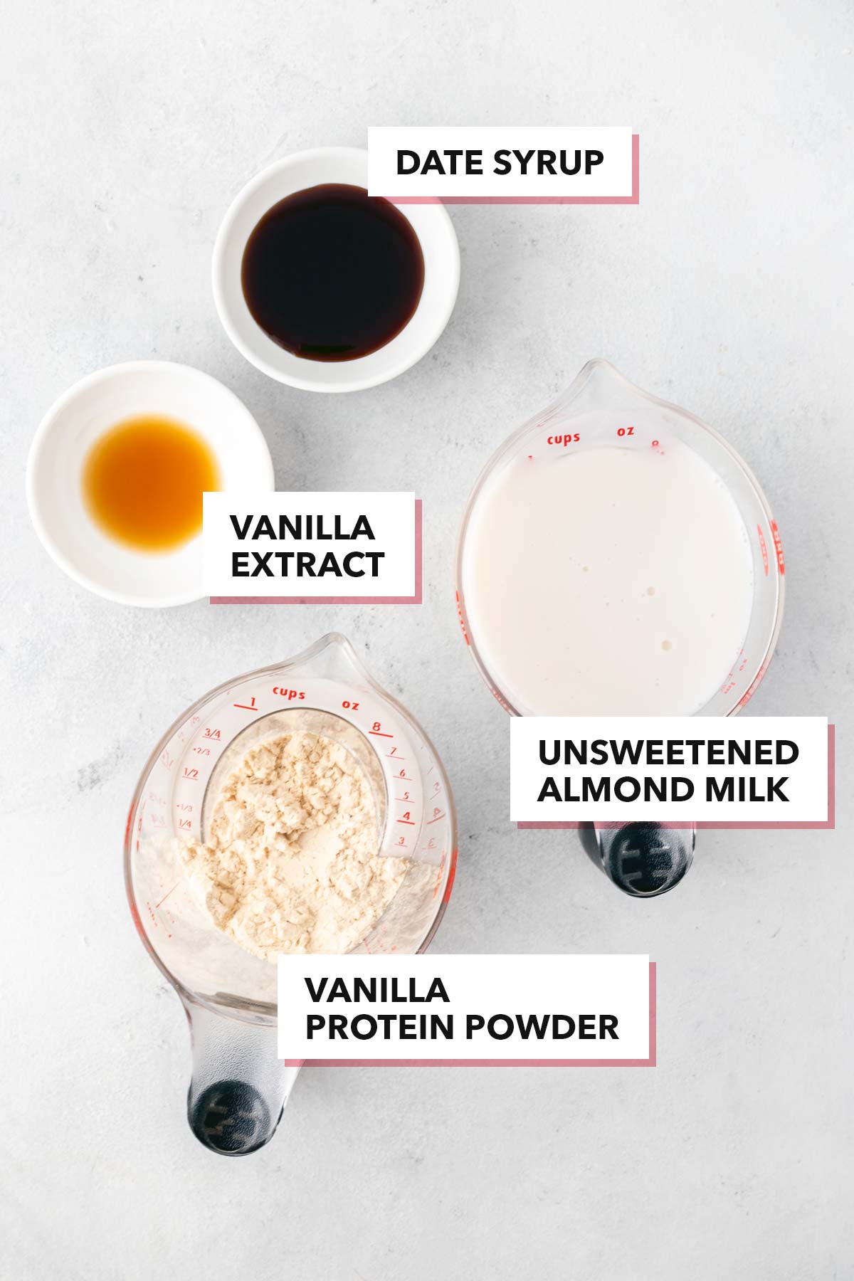 Ingredients for a vanilla protein shake.