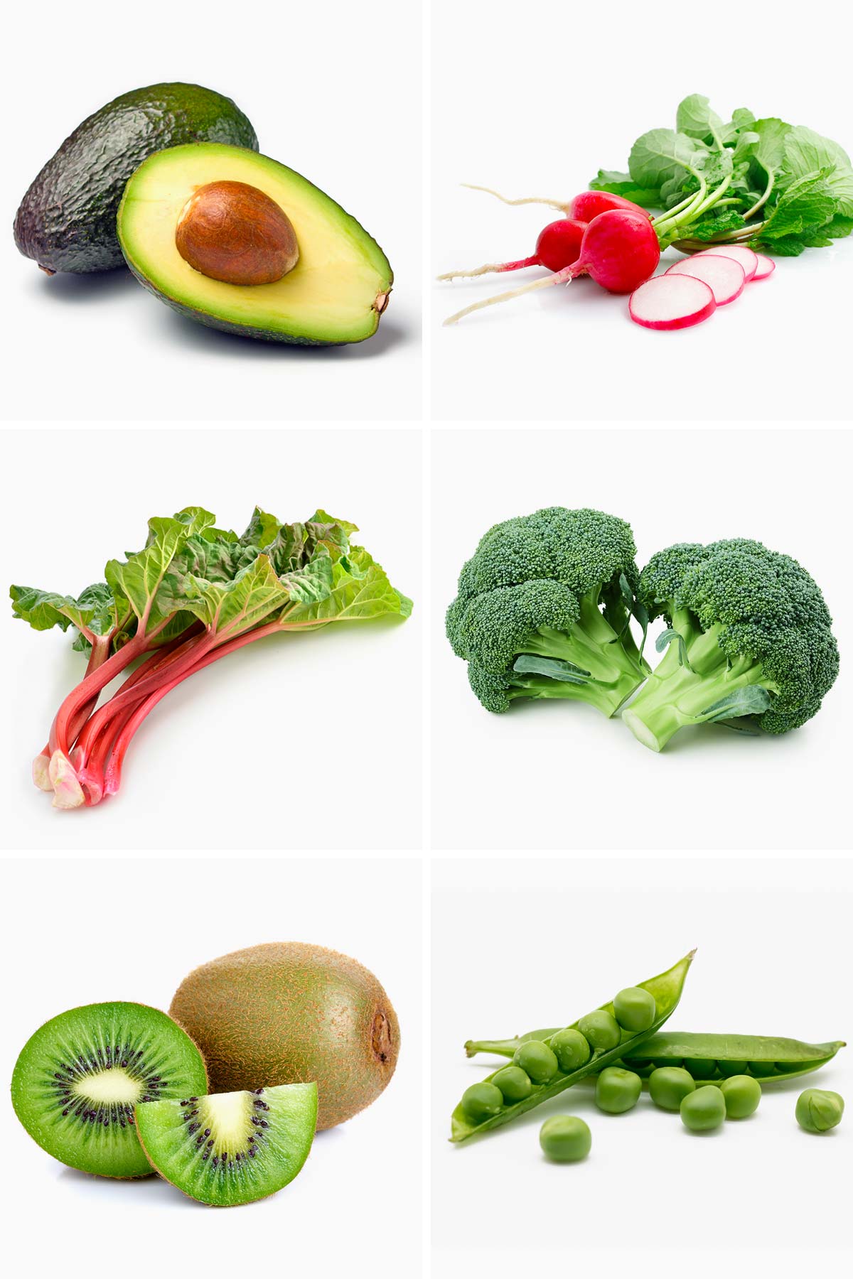 6 different produce items (avocado, radish, rhubarb, broccoli, kiwi, and peas) in season in April.
